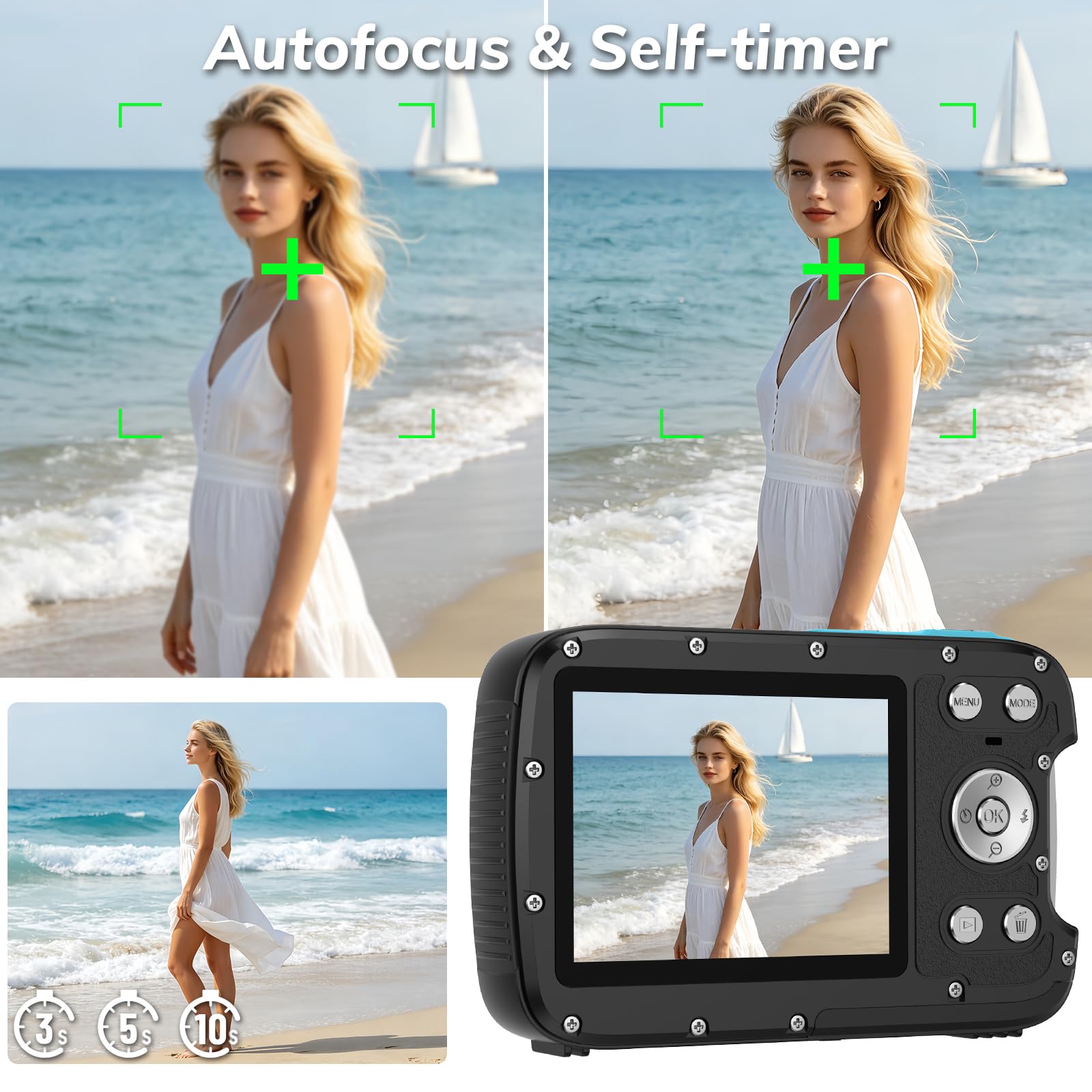 Fotocamera subacquea impermeabile 5K da 9,9 m con autofocus e doppio schermo, perfetta per snorkeling, vlogging, selfie e viaggi, facile da usare, fotocamera compatta per adolescenti, adulti e
