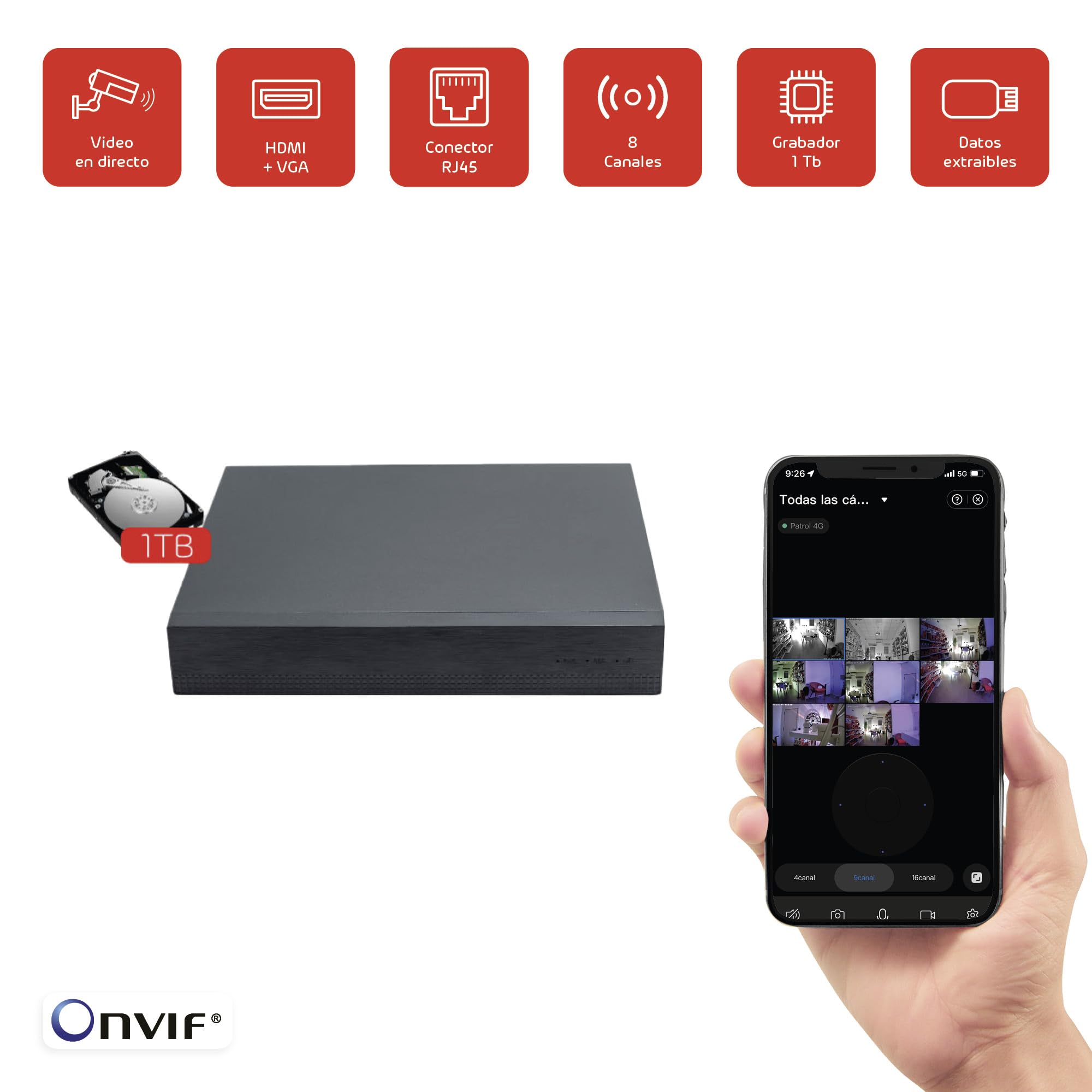 Energeeks - Grabador NVR - 8 Canales - Disco Duro de 1TB - Grabación 24/7 - Solo Compatibles con Cámaras de Seguridad con protocolos ONVIF - Instalación Sin Cables - Control Total - Fácil Instalación