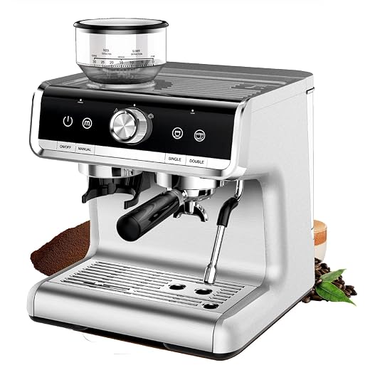 Espresso Machine with Grinder - Brushed Stainless Steel, Espresso Coffee Maker with Milk Frother, For Home Barista, Commercial Cappuccino Machines Use, 20 Bar Pressure.