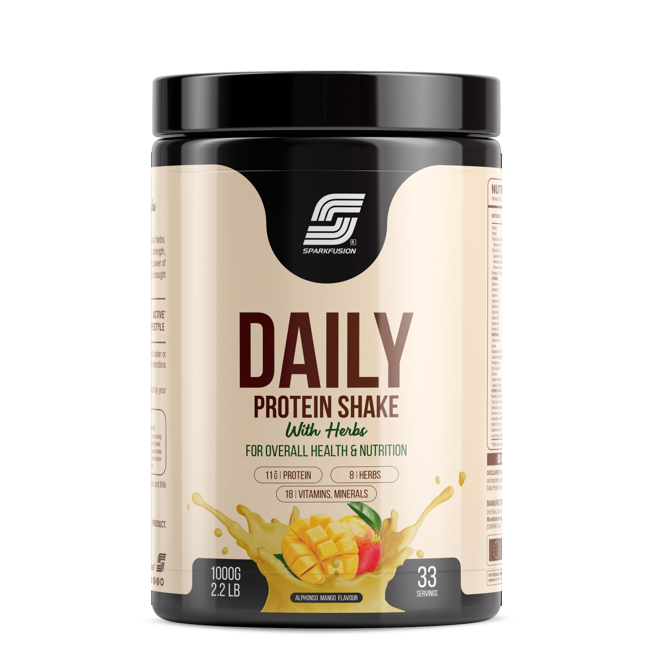 Sparkfusion Daily Protein Shake With Hebrs | 11 Gm Protein With 8 Hebrs | For Men & Women | Alphonso Mango Flavour- 1 Kg