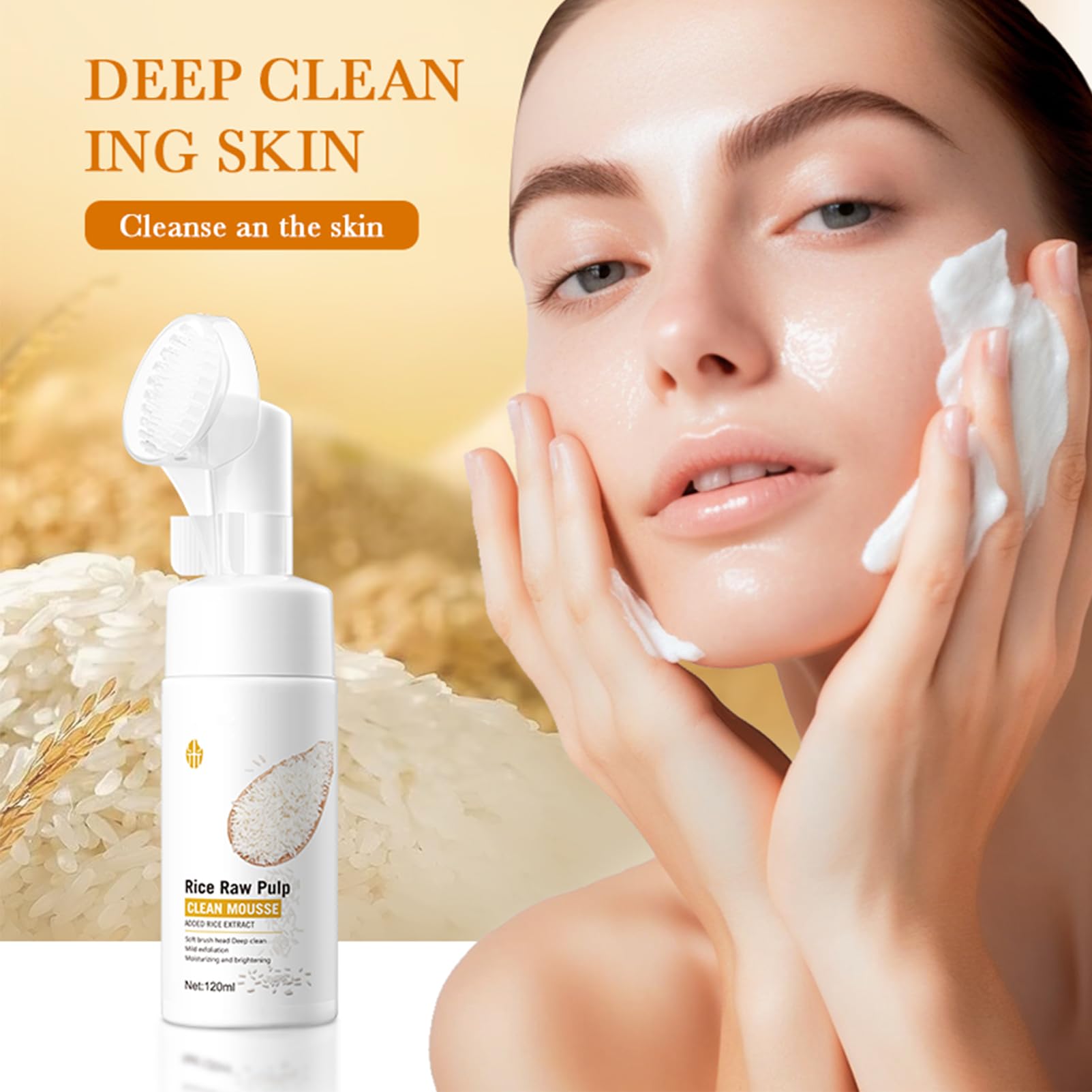 Rice Face Cleanser, Natural Face Wash,Rice Face Wash, Foaming Cleanser with Silicone Brush, Gentle Facial Cleanser - Image 4
