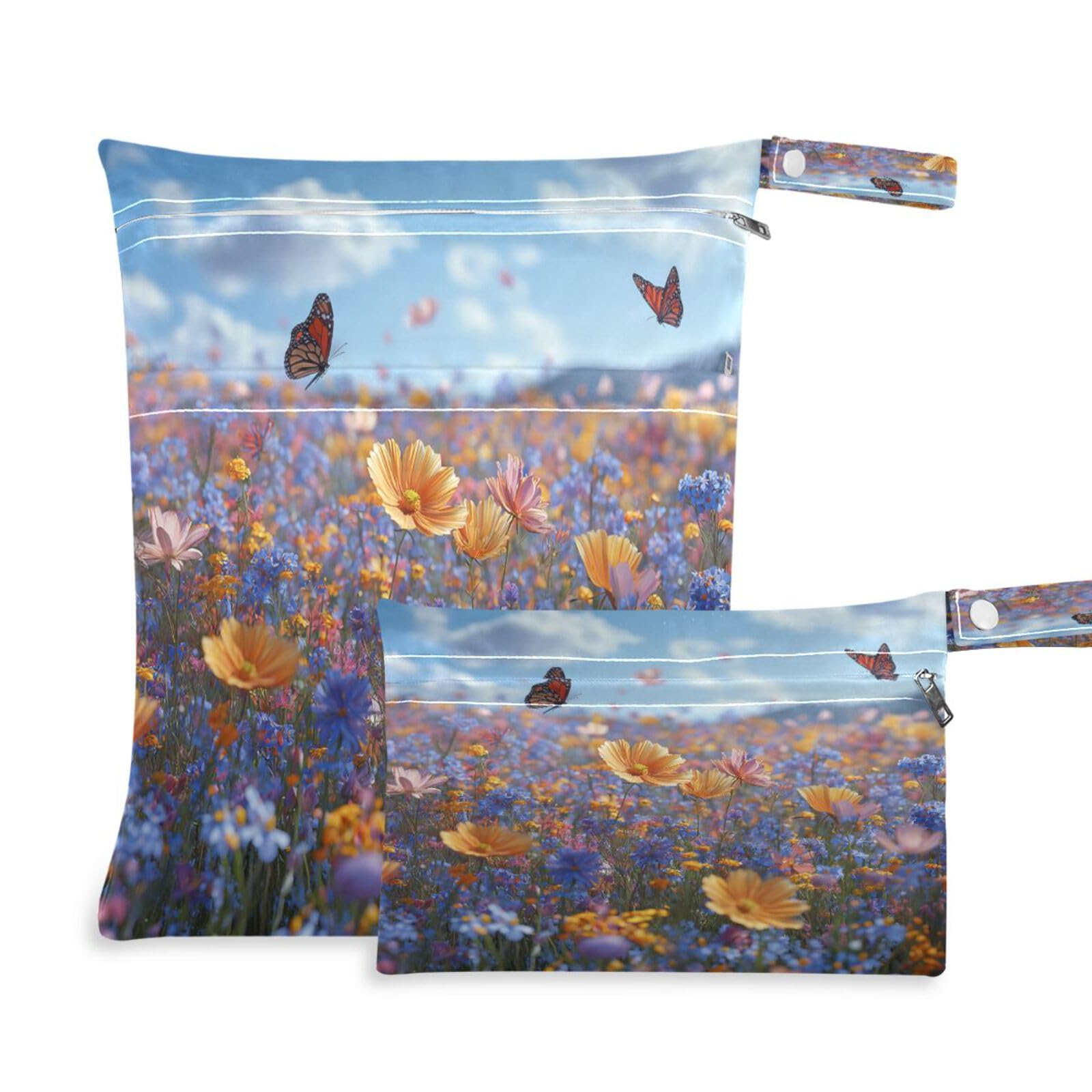 ATTX Colorful Wildflowers Meadow Wet Dry Bags 2-Pack - Reusable Cloth Diaper Storage for Travel, Beach & Gym | Multi-Use Waterproof Bags for Swimsuits, Baby Clothes, Sports Gear#362