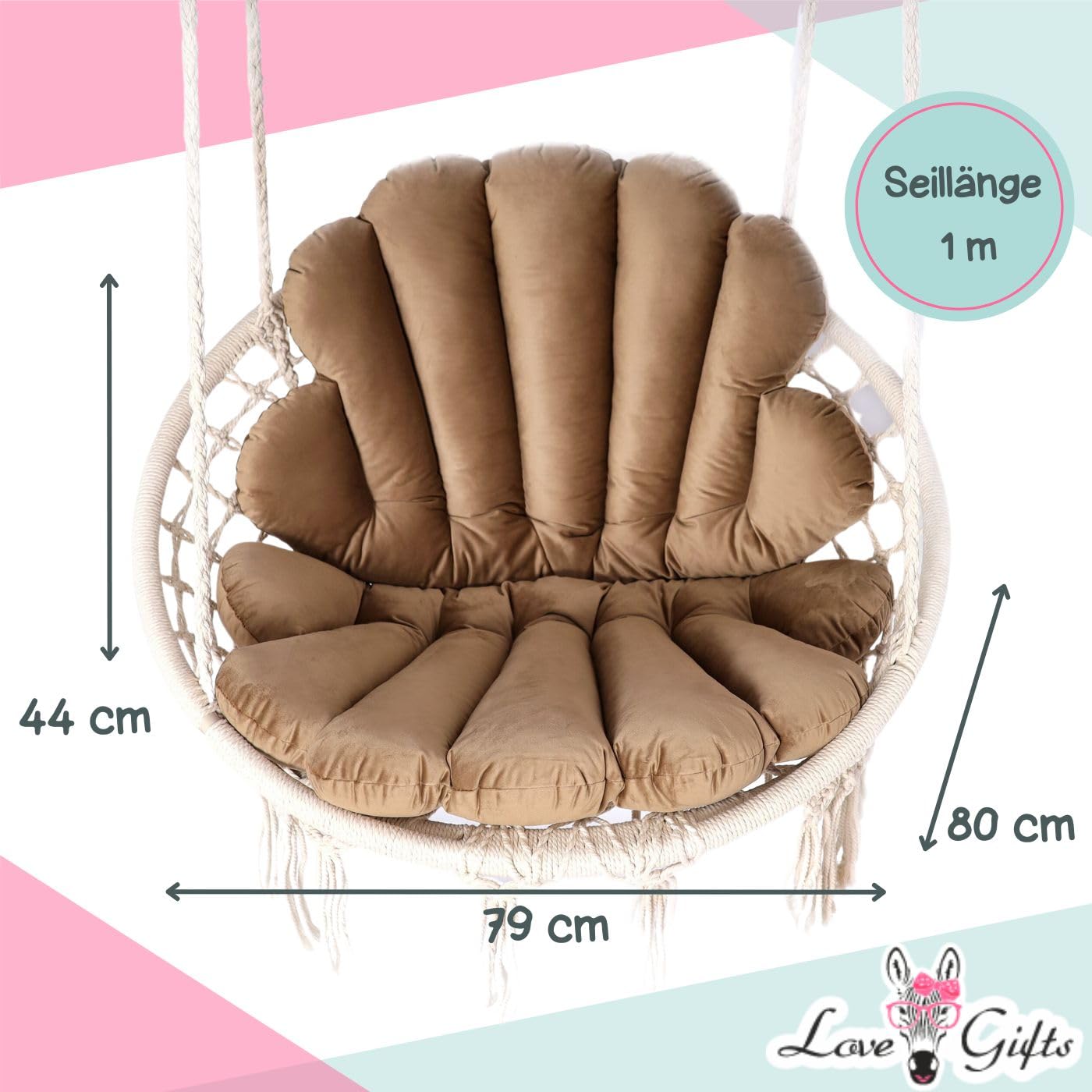 Love Gifts® Hängesessel ohne Gestell | Hängesessel Indoor mit Zwei Kissen optimal für den für Innenbereich wie Wohnzimmer & Kinderzimmer geeignet | Braun