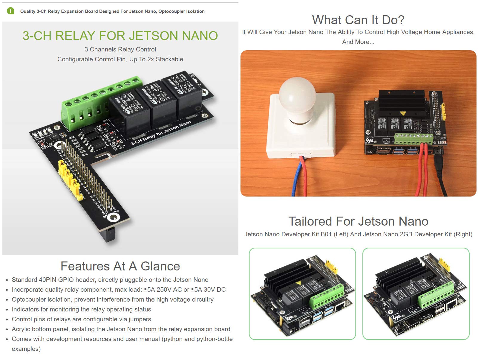 Waveshare 3-Ch Relay Expansion Board Designed for Jetson Nano Optocoupler Isolation