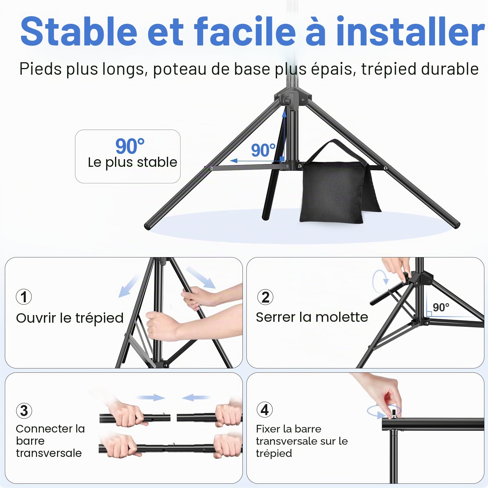 EMART Support Fond Photo, 2x3m de Support Toile de Fond Réglable avec 8 Pinces, 2 Sacs de Sable et Sac de Transport pour Studio Photo, Vidéo, Fête, Mariage