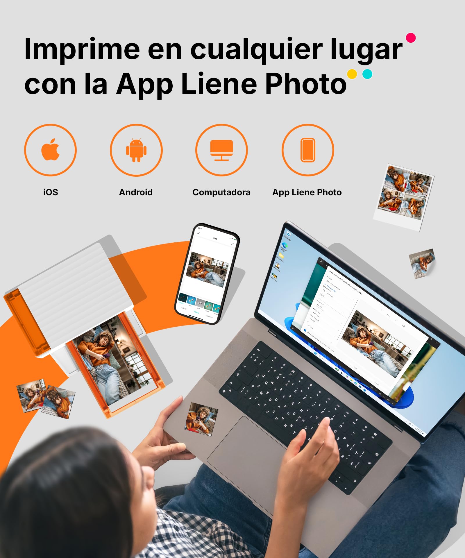 Liene Amber M110 Impresora de Fotos para Móvil Portátil con 60 Hojas 10x15 cm + 20 Adesivos 7.7 cm + 2 Cintas – Tecnología de Sublimación Térmica, Bluetooth, para iPhone y Android