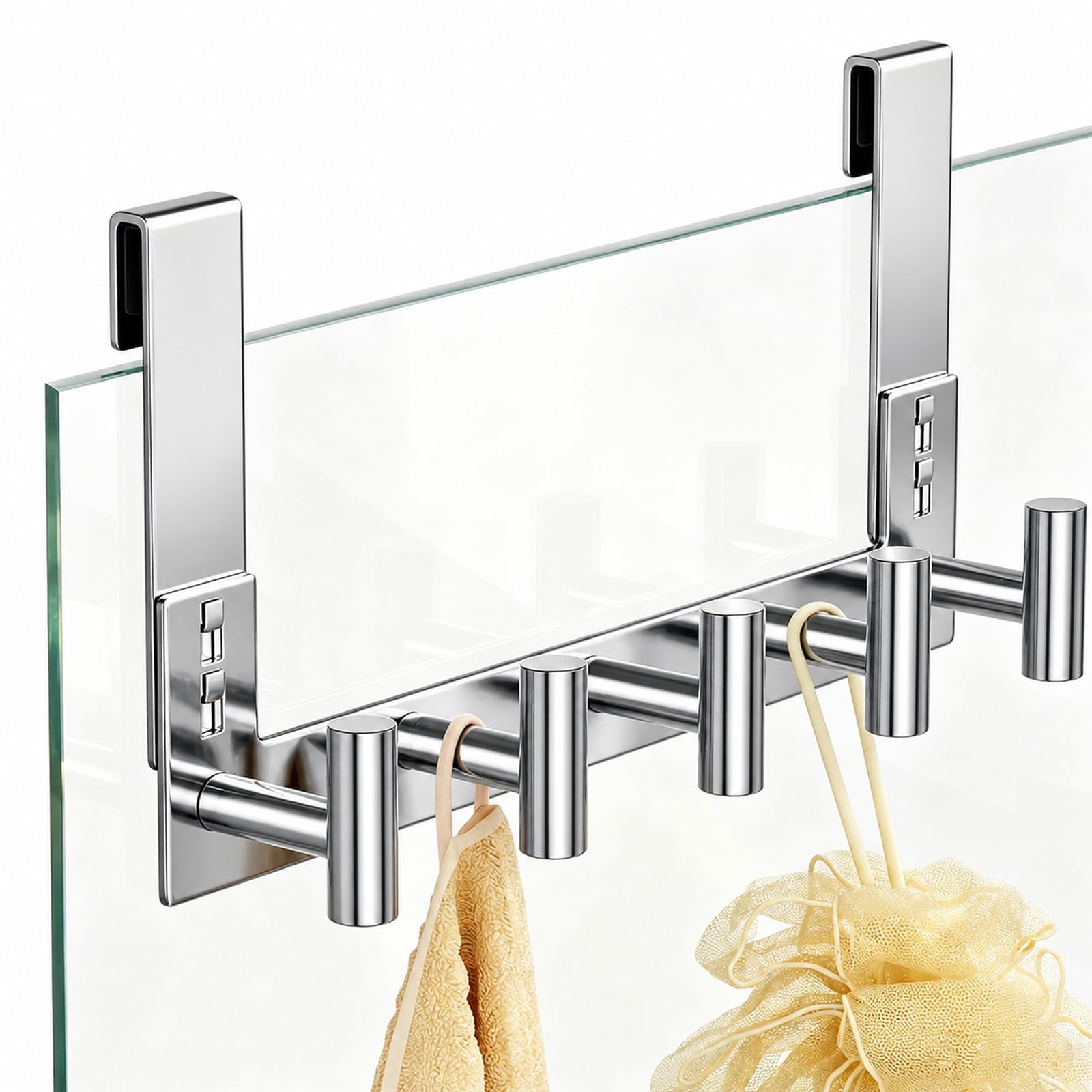 PMMASTO 5-Hook Shower Door Rack, Polished Silver, Fits 3/8-Inch Glass
