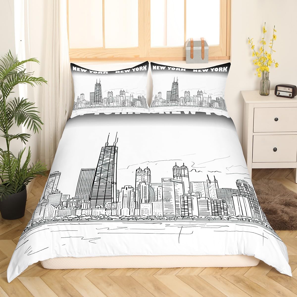 Boys Modern City Building Bedding Set New York Theme Duvet Cover for Kids Teens Men America Cityscape Comforter Cover Black White City Scene Bedspread Cover Bedroom Decor Quilt Cover 2Pcs Twin Size