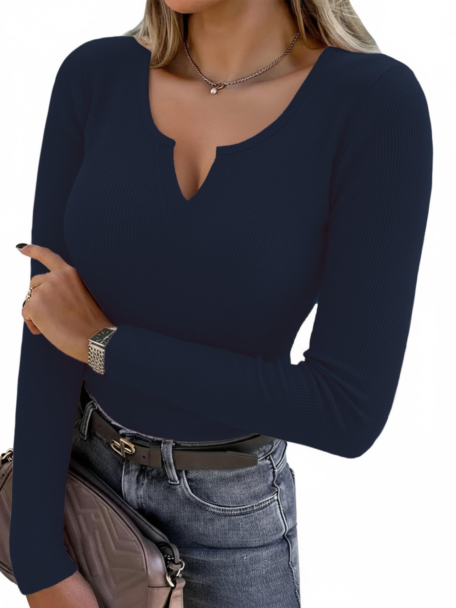 Aottori Damen Langarmshirt Gerippt Elegant Oberteile V-Ausschnitt Langarm Pullover Baumwolle Slim Fit T-Shirt Stretch Casual Basic Top