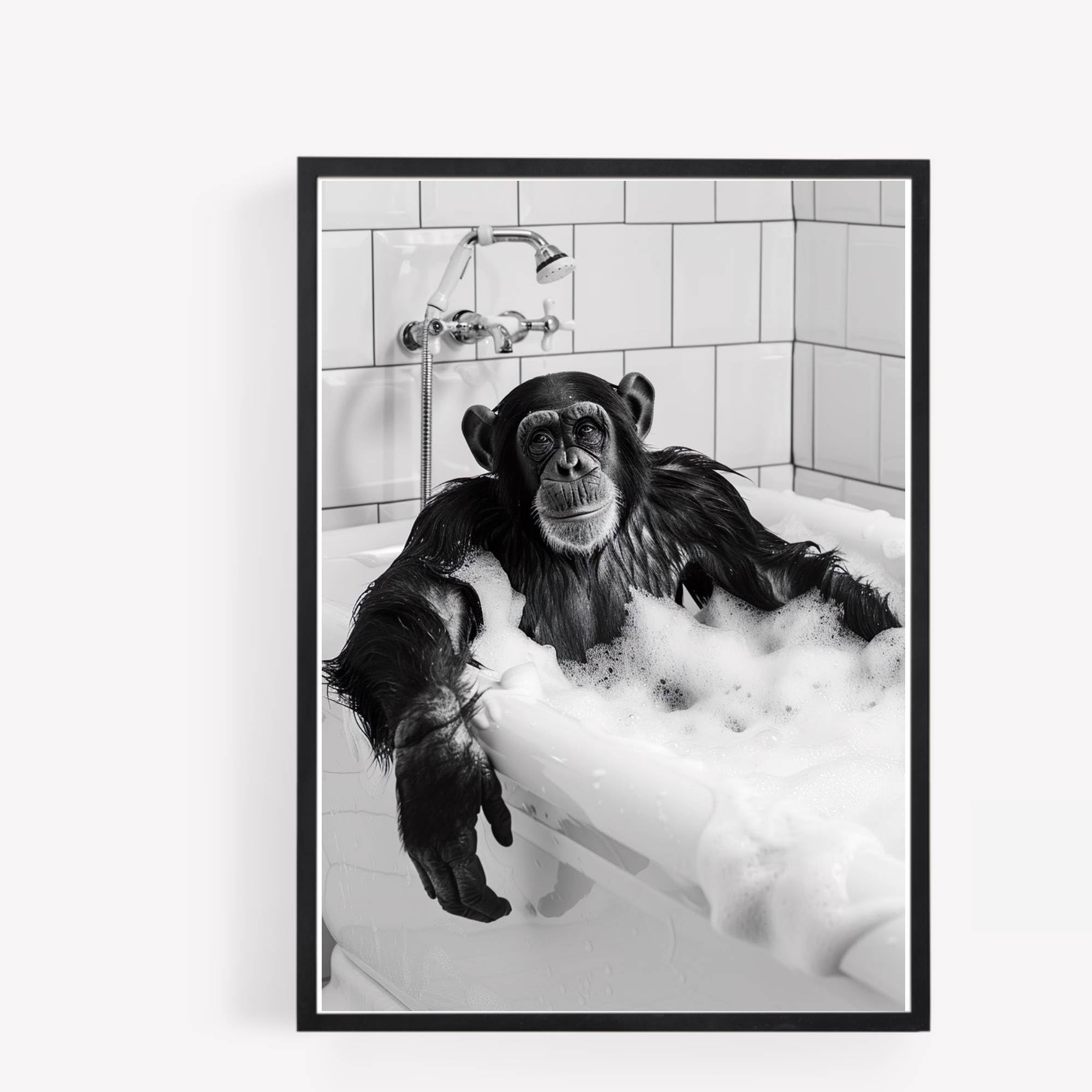 Gfc Black White Funny Bathroom Monkey Taking A Bubble Bath A4 Unframed Print Picture Wall Art Home Decor Decorating