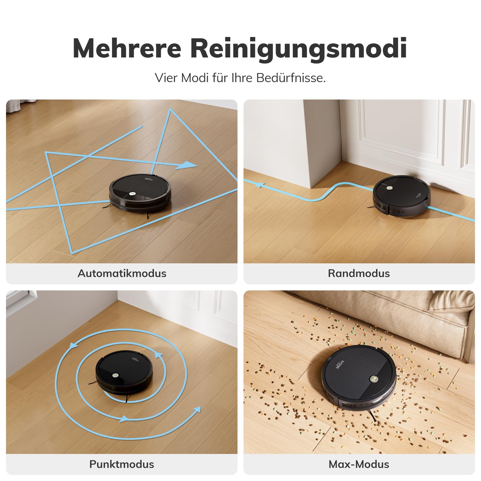 Saugroboter, Bürstenloses Design Staubsauger Roboter, Starkes Saugen, Selbstladend, Fernbedienung, Flach, Geeignet für Tierhaare & Hartböden, E3
