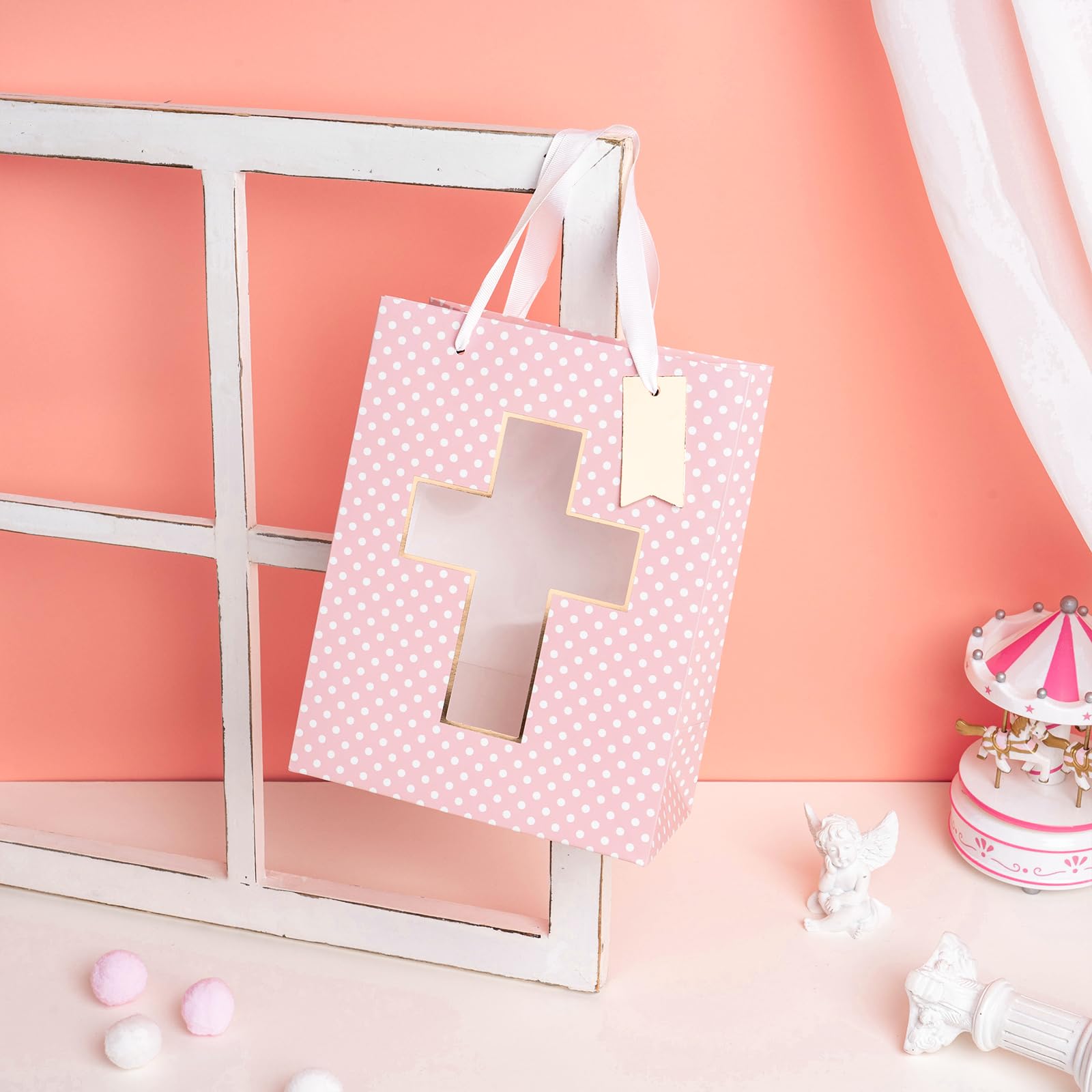 Loveinside Pink Gift Bag, Gold Foil Religious Cross and Dots Design, Gift Bag with Tissue Paper, Tag for Baby Girl Baptisms, Baby Shower, First Communion, Religious Celebrations, 7" x 4" x 9", 1 Pcs