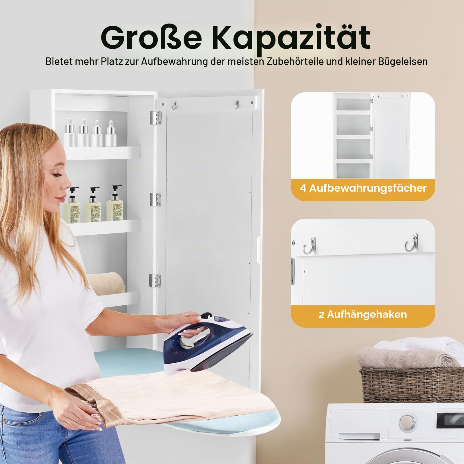 Wall Mounted Ironing Board Cabinet, Bügelbrett Schrank, 180° schwenkbare Metallbasis & Spiegel, klappbar und versteckt, platzsparend