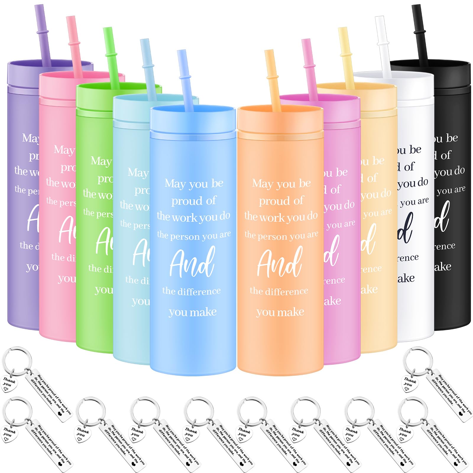Mumufy 20 Pcs Thank You Gifts Set 16oz Skinny Tumbler with Lid and Straw Inspirational Keychains, Appreciation Gifts with Motivational Quotes for Employees Teachers Coworkers