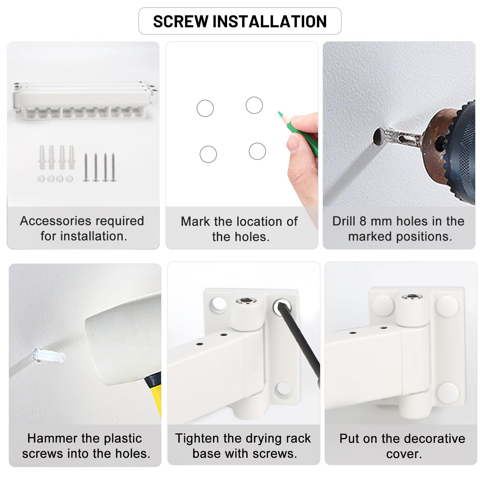 SWAWIS Wäscheständer Wandmontage Kleiderstange 120cm Ausziehbar Klappbar Wäscheständer Kleiderstange Wand mit 18 Haken für Balkon, Wäsche, Badezimmer, Schlafzimmer, DREI Falten, Weiß