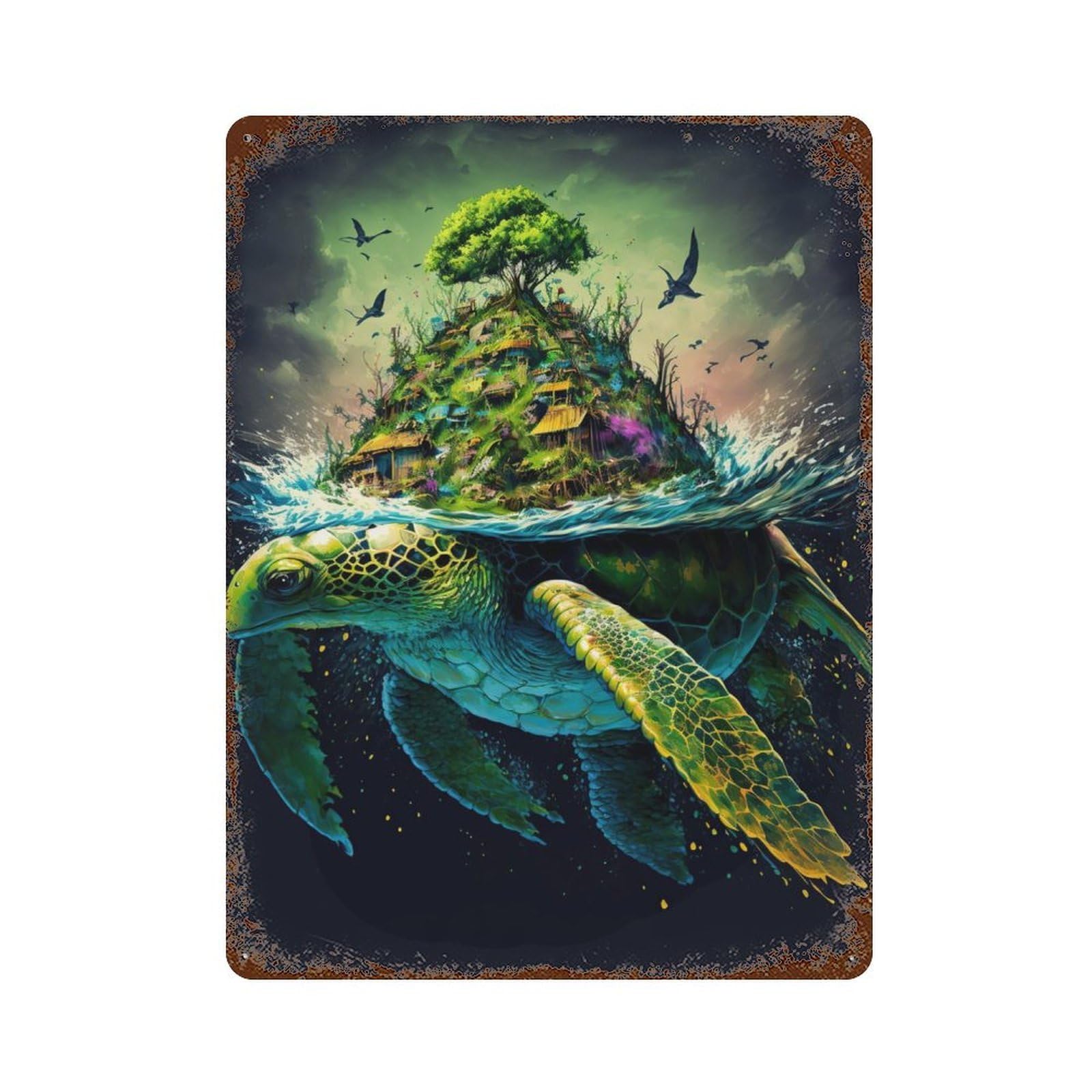Rust Effect Tin Sign with Turtle Island Design 15.7"x11.8", for Pub, Kitchen And Man Cave Decor, Industrial Home Decor