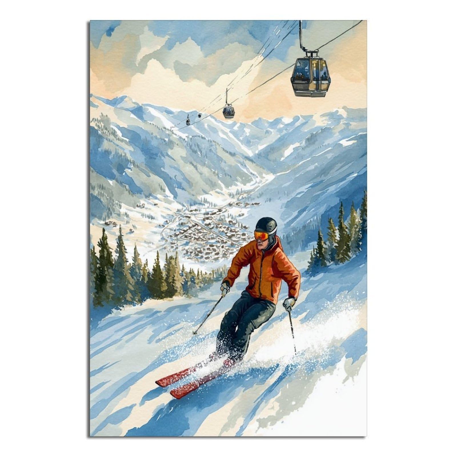 CFXNGA Saalbach Hinterglemm Austria Ski Poster 24x36inch(60x90cm) Vintage Watercolor Canvas Art