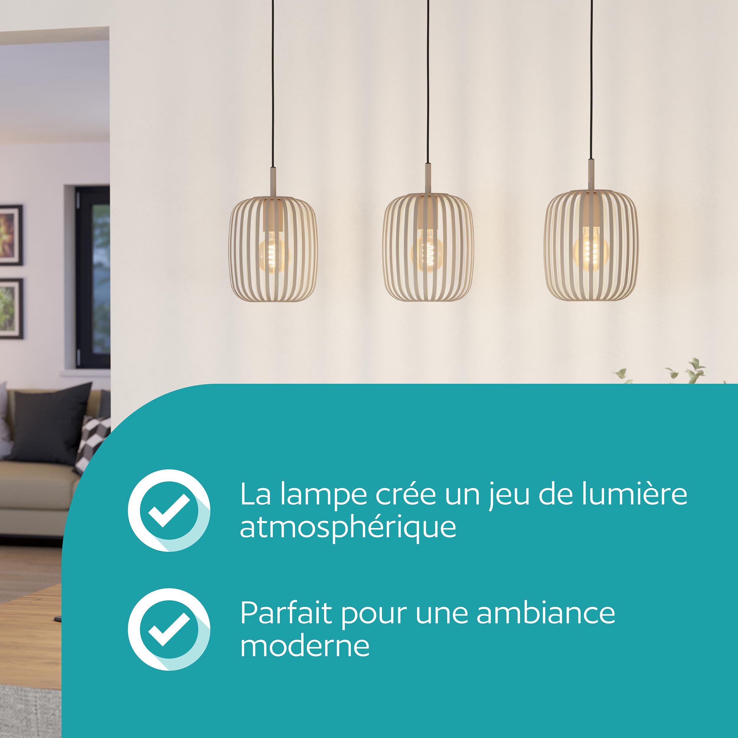 Eglo Suspension luminaire Romazzina, lustre à 3 lampes pour salon et salle | à manger, plafonnier à suspendre en métal couleur sable, lampe de plafond avec douille E27