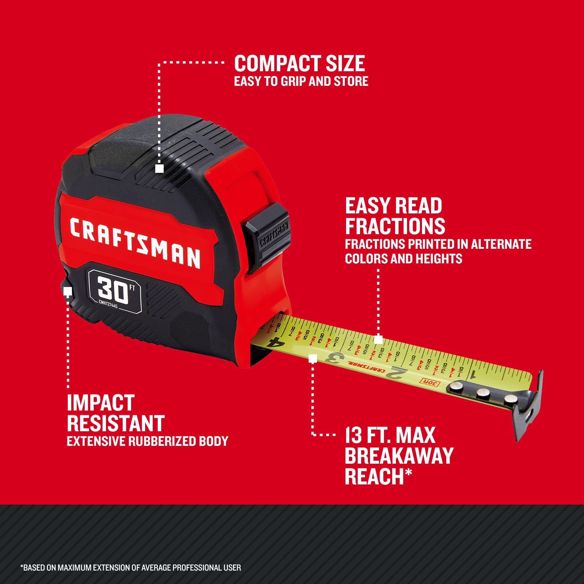 CRAFTSMAN Cinta métrica, agarre compacto, 30 pies (CMHT37445S)