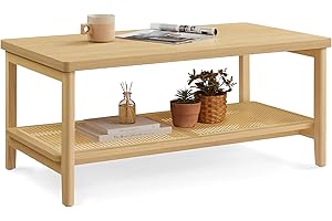 VASAGLE 2-Tier Boho Style Tan Coffee Table for Living Room with Storage Shelf