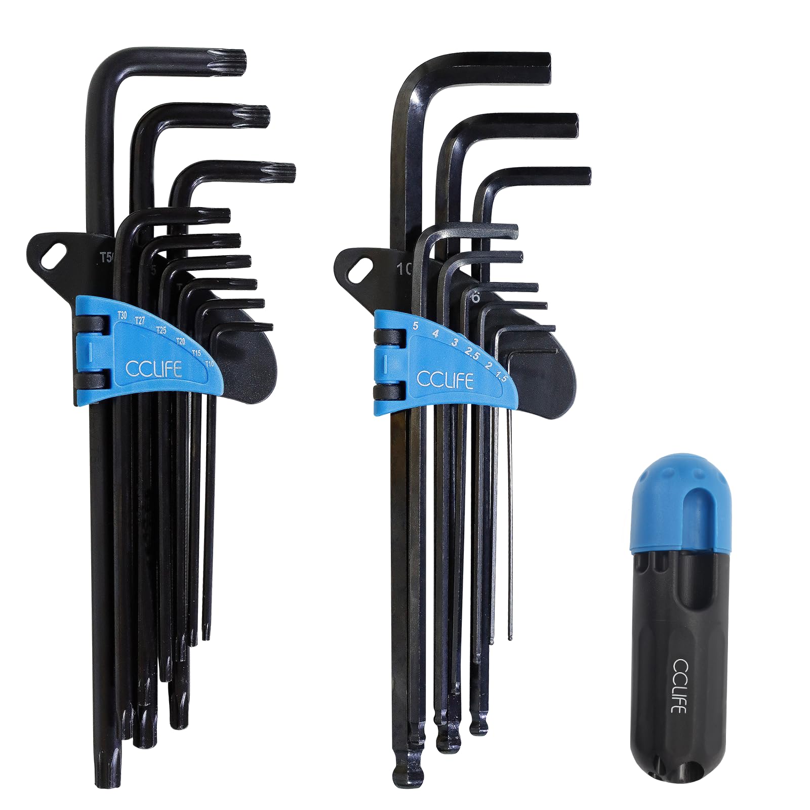 CCLIFE 18-częściowy zestaw kluczy imbusowych Torx z uchwytem, klucz imbusowy TX klucz kątowy | 1,5 mm-10 mm i T10-T50 | Cr-V