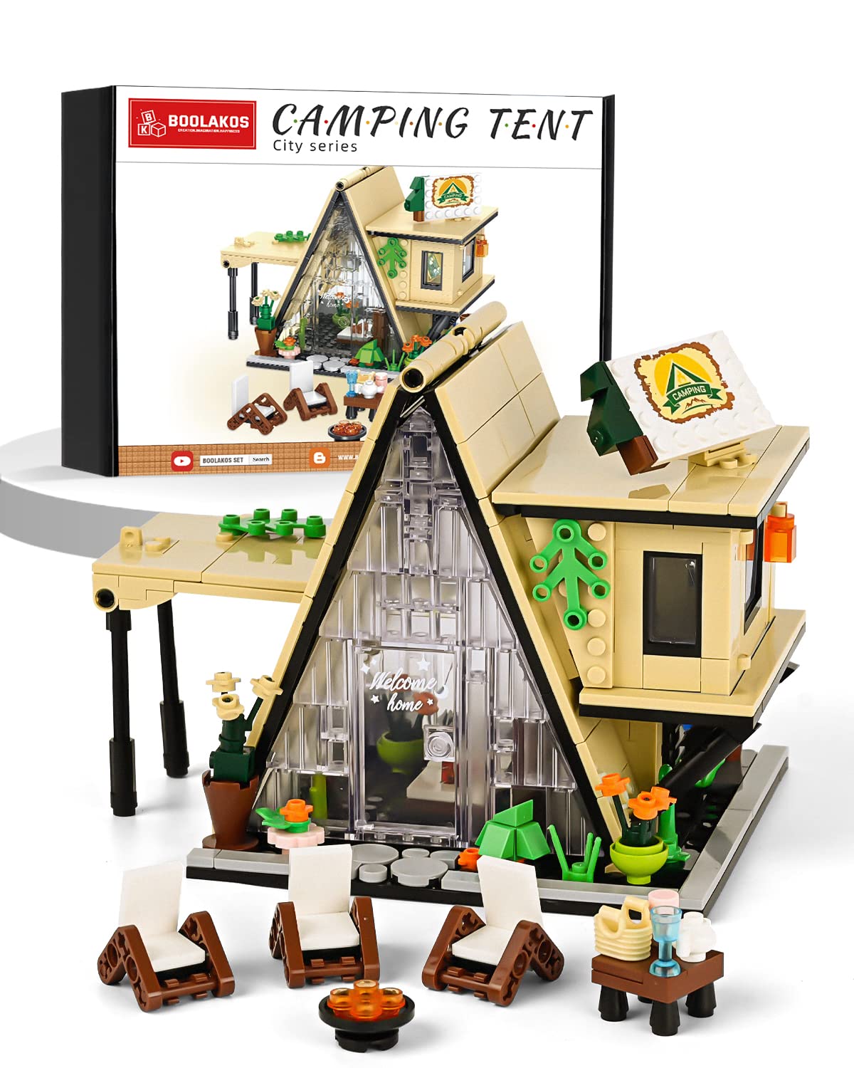 BOOLAKOS A-Frame Cabin Friends Camping House Toy Building Set with Lights, Creative Camping Tent Building Blocks Decorations，Construction Set Gifts for Girls Kids Adults (579 Pcs)