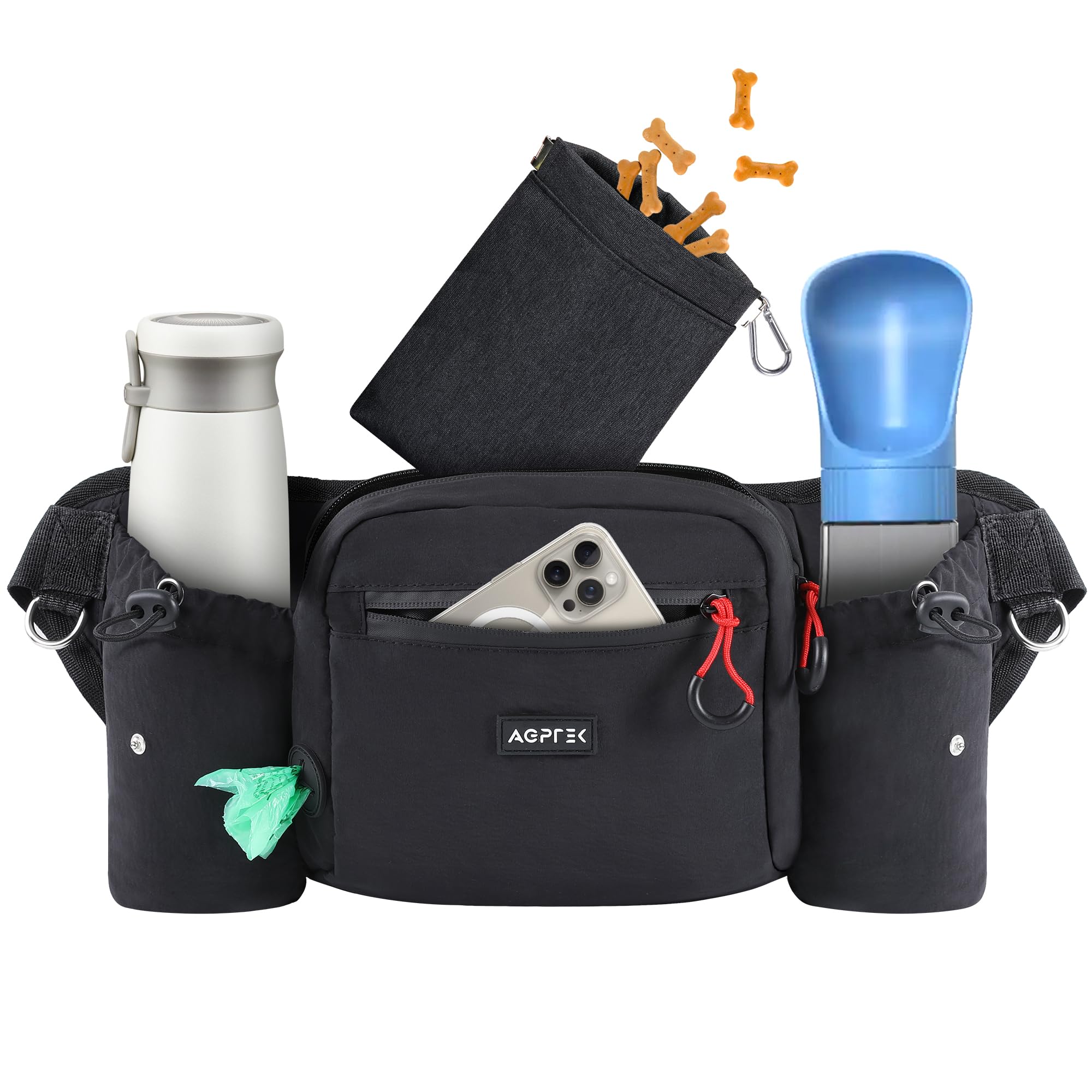 AGPTEK Marsupio per Cani con Borsa Snack Rimovibile, Impermeabile, Alta capacità, Portaborraccia, Dispenser Sacchetti Igienici, per Addestramento e Passeggiate, Nero