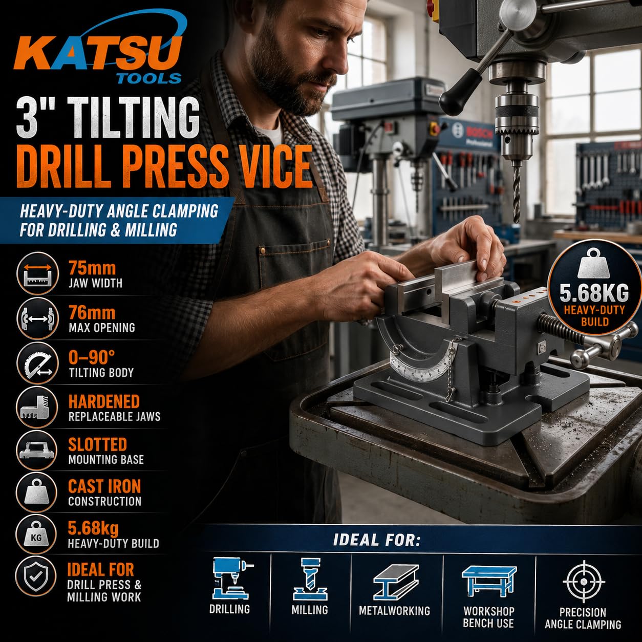 KATSU Morsa Inclinabile 3" 75mm, Morsa per Trapano a Colonna Professionale Fresatrice Angolo di Inclinabile Morsa per Banco da Lavoro in Acciaio