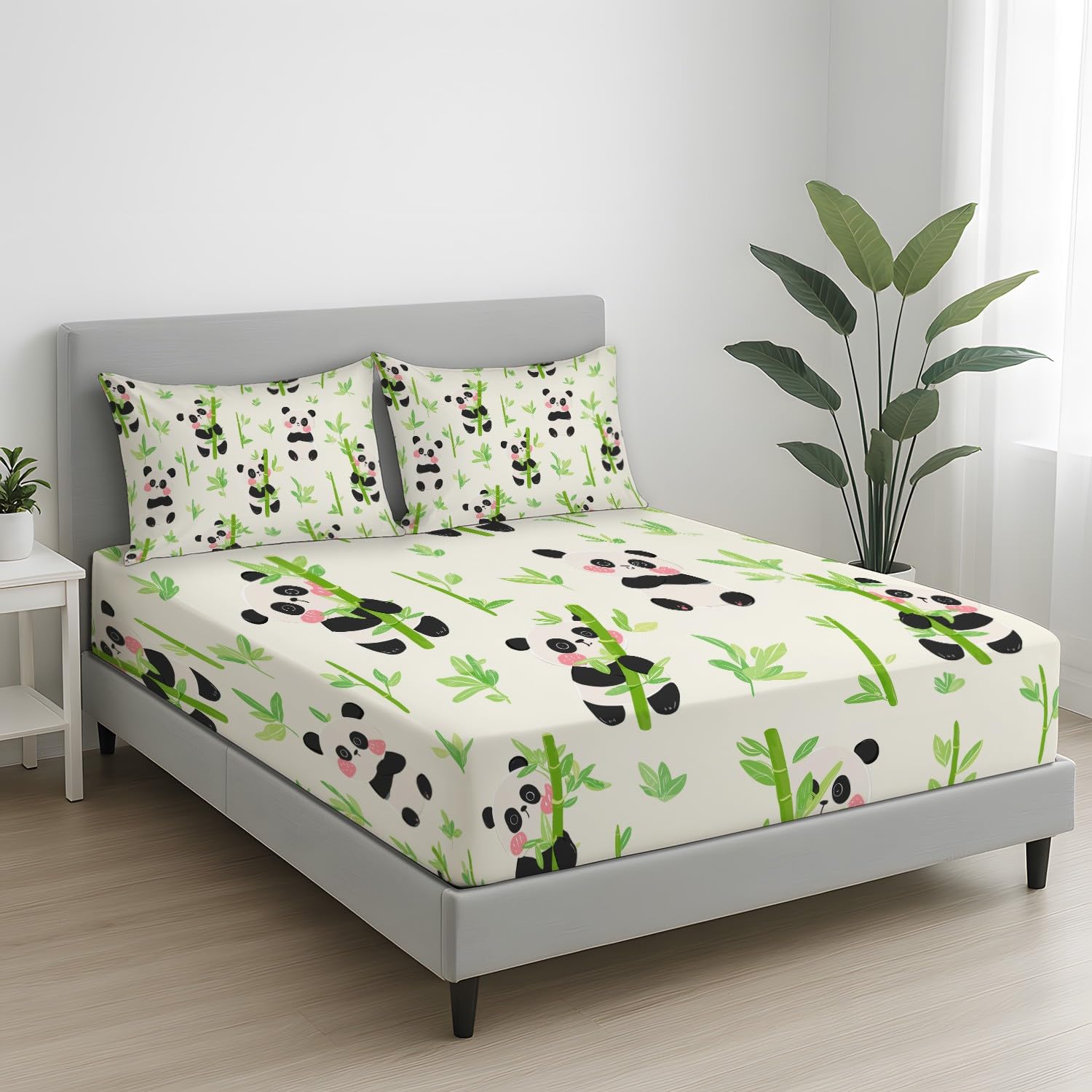 Cartoon Panda Spannbetttuch Süß Großer Panda Tiere Bambuswald Spannbettlaken 200 x 200 x 30 cm 3teilig Mikrofaser Bettwäsche Set mit 2 Kissenbezüge 80 x 80 cm Kein Flachbettlaken