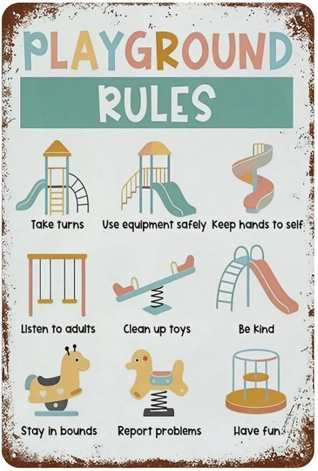 UYCUODLUY Playground Rules School Tin Sign Bright Outdoor Art for School Park Daycare Preschool 8 X 12 in