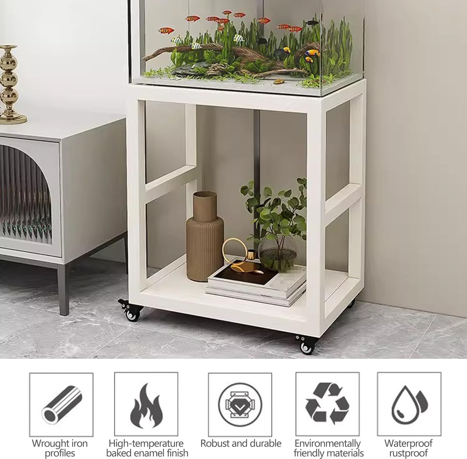 Mobilny stojak na akwarium, stojak na akwarium i terrarium z kołami, nie wymaga instalacji, oszczędność miejsca, regał na rośliny do salonu (biały, 40 x 30 x 77 cm)