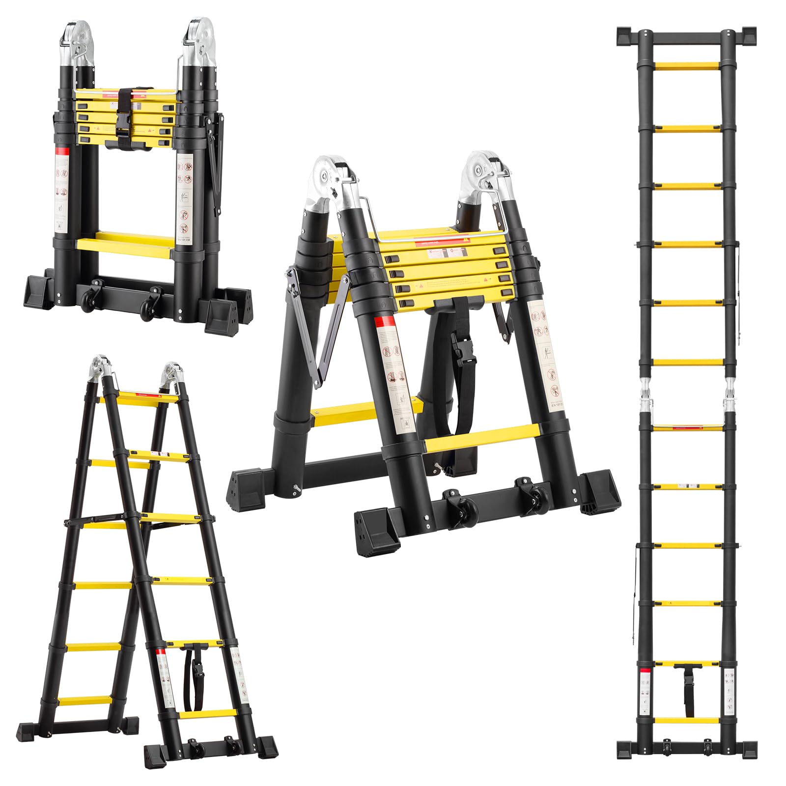 TEENO 3,8M (1,9+1,9) Teleskopleiter Klappleiter Aluminium|Teleskop-Mehrzweck-Klapptritt mit 2 abnehmbaren Rädern und Dreiecksstabilisatoren|Multifunktionale Klappleiter mit Ausgleichsstange|Schwarz
