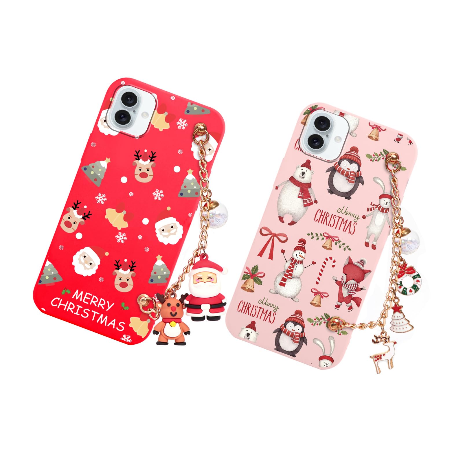 Vauki 2 Custodie Natalizie Per IPhone 15 Con Cordino - Rosso Morbido Con Renna E Babbo Natale - 3