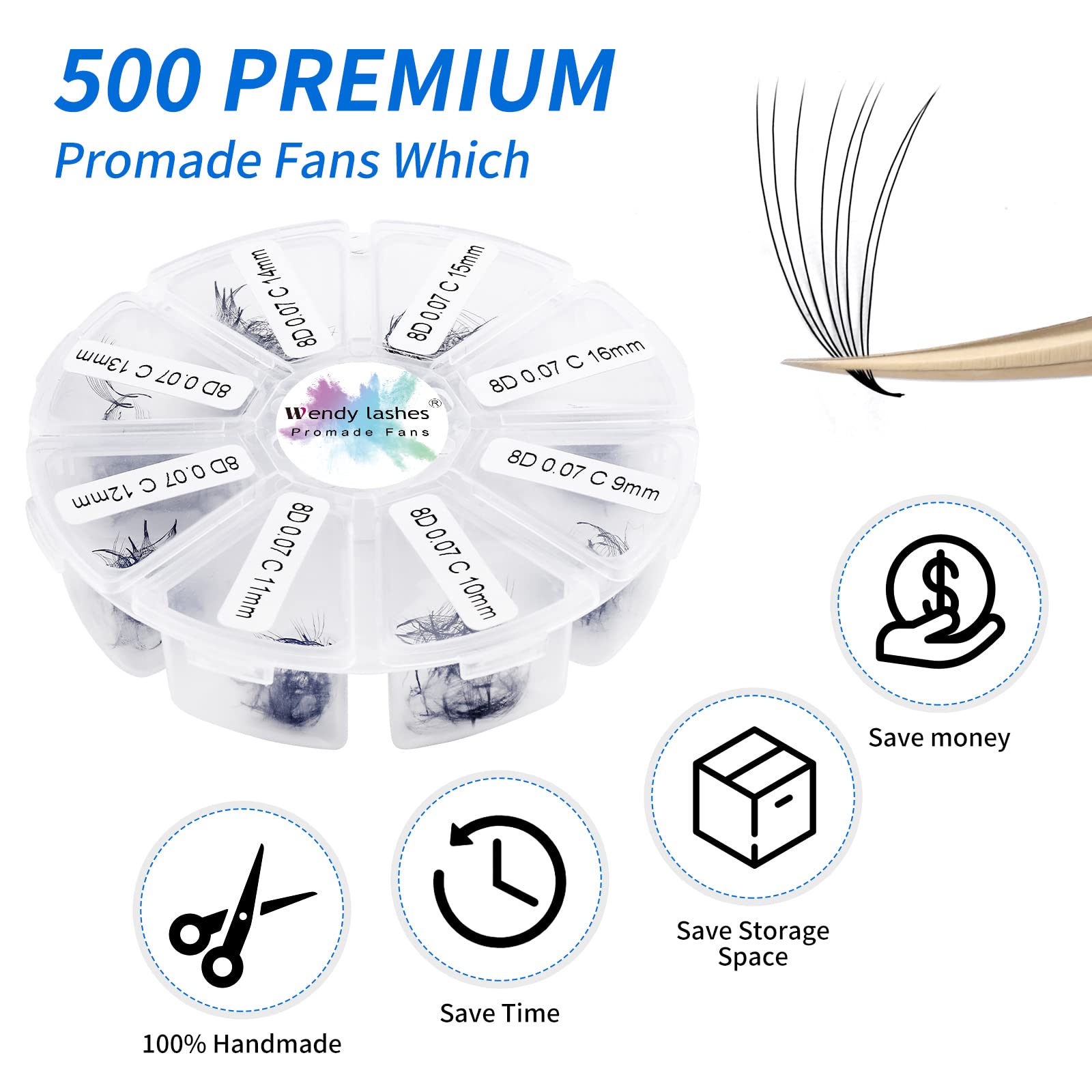 8D Premade Volume Eyelash Extensions Mixed Tray 9-16mm 0.07mm C Curl 500 Fans Premade Volume Fans Handmade Lash Extensions Pointed Thin Base Promade Mix Loose Fans(500-8D-0.07-C-916) - Image 2