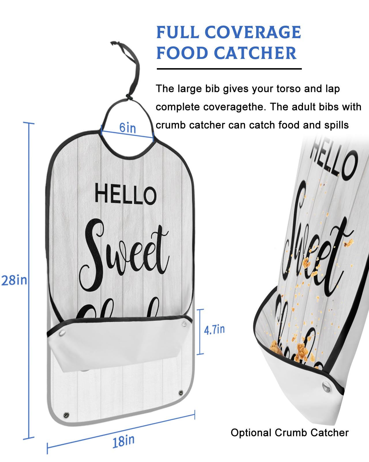 Hello Sweet Cheeks Adult Bibs for Eating, Waterproof Bibs with Food Catcher & Adjustable Snap Closure, Bathroom White Farm Vintage Wood Washable Clothing Protectors Adult Bibs for Elderly Women/Men