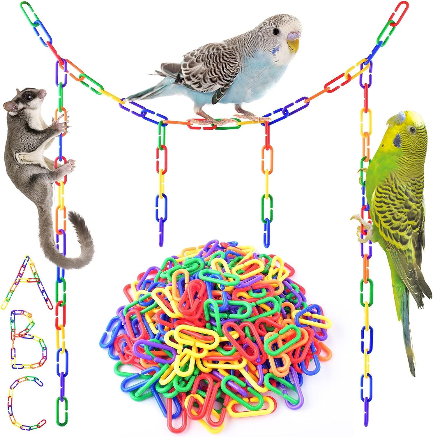 Benting 250 PCS Rainbow C-Clips Chains Hooks Plastic Chain Links C-Links Children's Learning Toy Sugar Glider for Parakeets,Small Pet Rat Parrot Bird Toy Cage Swing Climbing Cage Toys