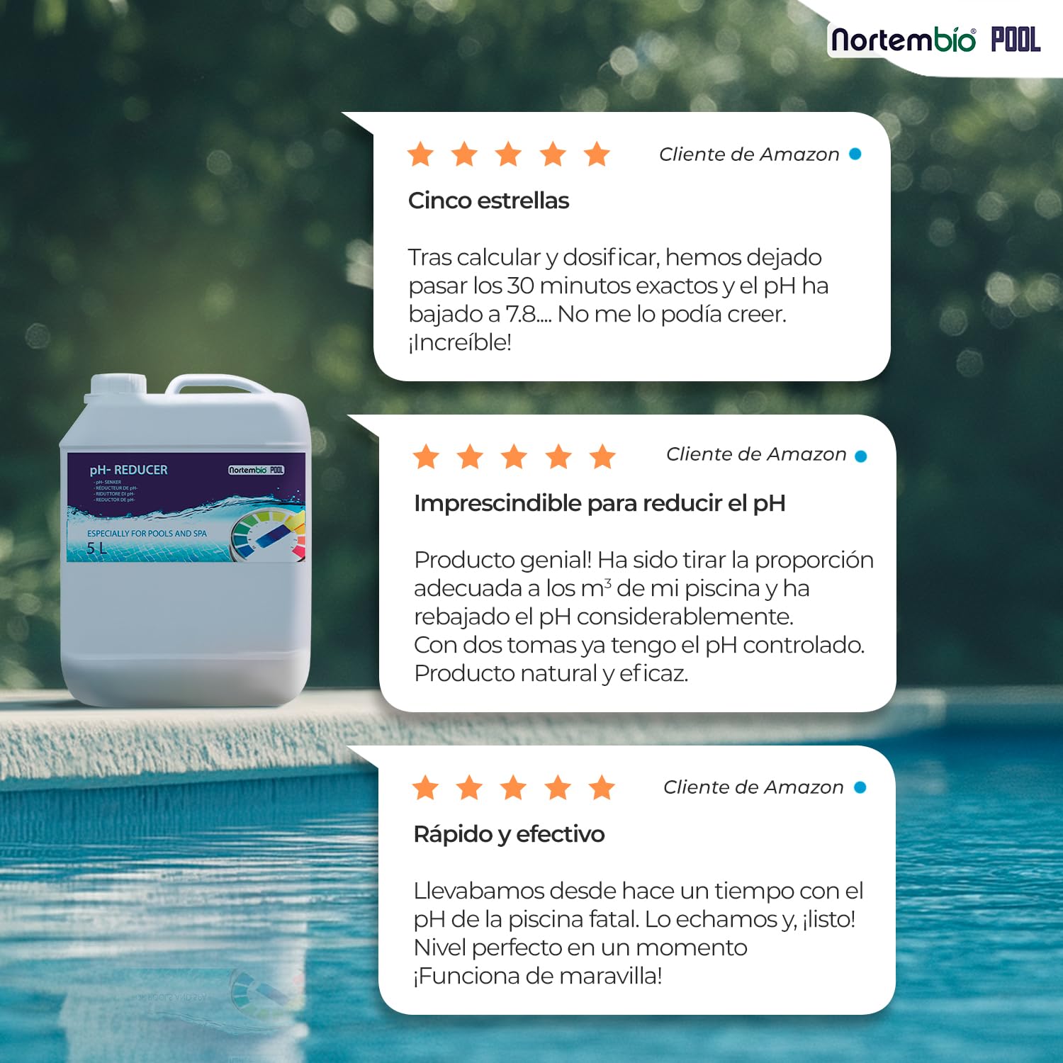 Nortembio pH Minus Líquido Reductor de pH Piscina y SPA, Bajar pH Agua Rápido, Ajustador pH Tratamiento Agua Piscina, Compatible Cloro y Salina + eBook Gratis (5 L)