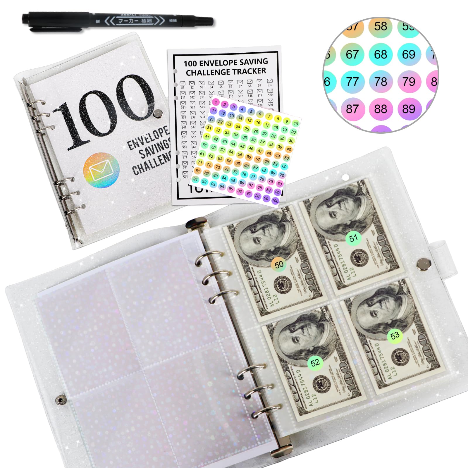 100 Envelopes Money Saving Challenge, 2024 Shiny 100 Day Challenge Money Saving Binder, Easy and Funny Way to Save $5,050 Money Saving Challenge Book, 100-Day Envelope Challenge Kit