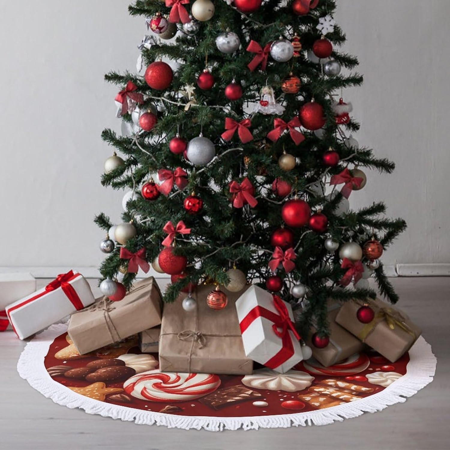 Chocolate Candy Sweets Christmas Tree Skirt Round Xmas Tree Mat Ornaments Tree Skirts with Tassels for Holiday Party