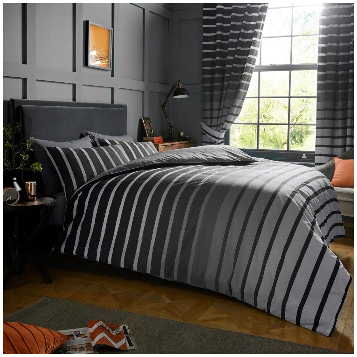 GC GAVENO CAVAILIA Easy Care Oscar Striped Duvet Cover, Luxury Soft & Cosy Printed Reversible Lined Quilt Bedding Set, Polycotton, Grey, Double โ image 1
