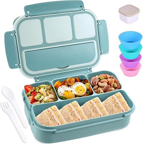 shell and turtle Bento Box - Lonchera para adultos, contenedores para niños y niñas con 4 compartimentos, contenedor de alimentos con utensilios,