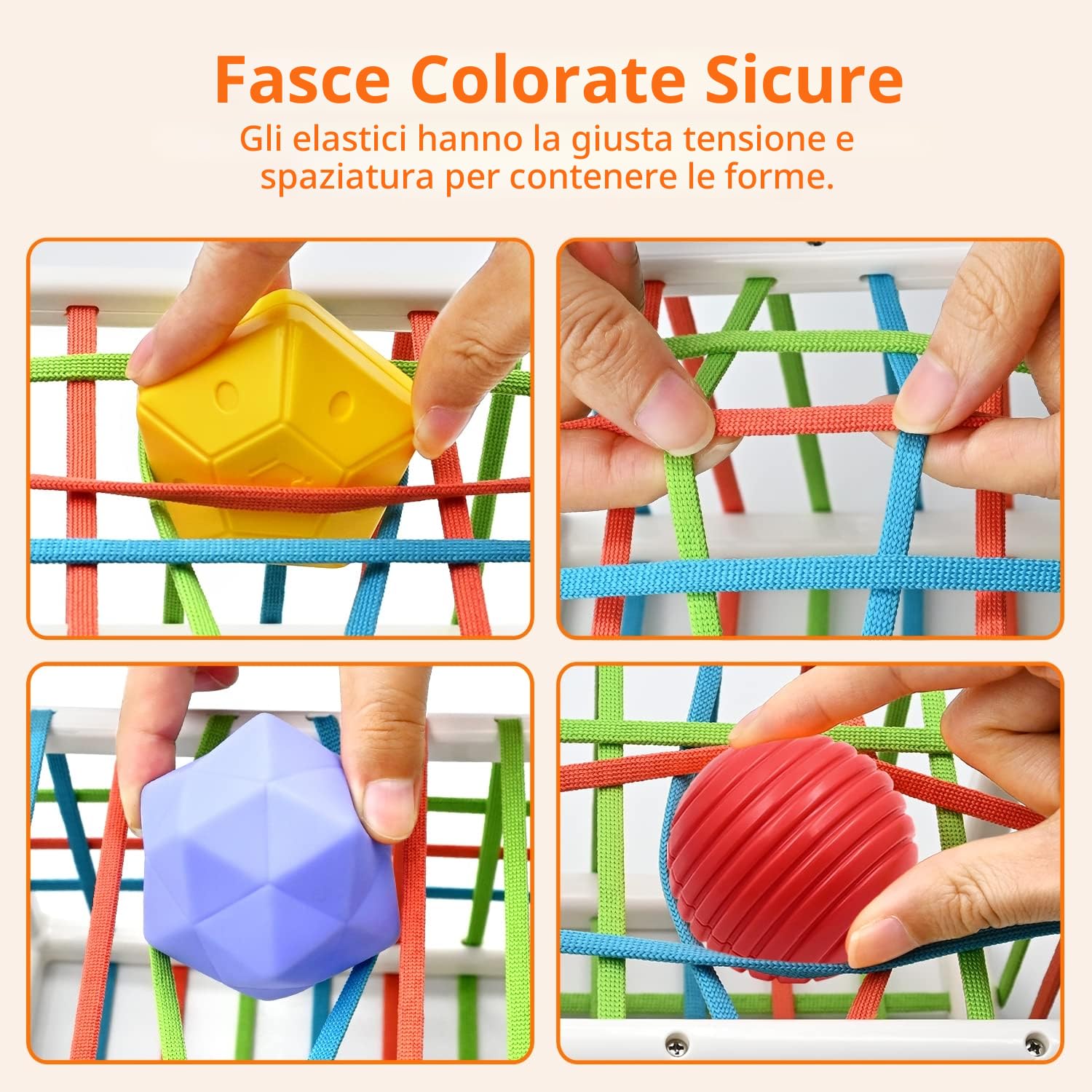 Giocattolo per Selezionare le Forme per 12 18 24 Mesi Bambino, Casella di Smistamento Sensoriale con Elastici Montessori Educativi Precoci Giocattoli con 3 Palle Sensoriali 6 Pezzi Struttura Palle
