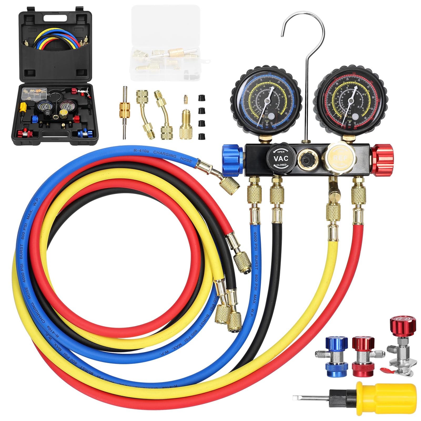 Weytoll Kit Ricarica Aria Condizionata Auto con 1.5m Tubi per Auto Strumenti Diagnostici, manometro a doppio valore a 4 vie per refrigerante R22/R134a/R410a