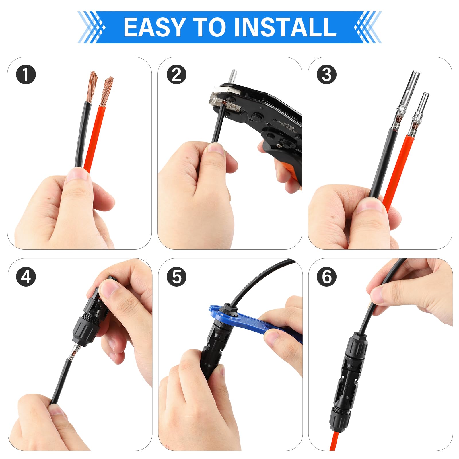 Kit d'outils de sertissage solaire pour câbles PV de 2,5/4/6 mm²,1 pince à sertir, 12 paires de connecteurs mâle/femelle,14 paires connecteurs de câble,2 Pièces de Clé,pour Câble PV de Panneau Solaire