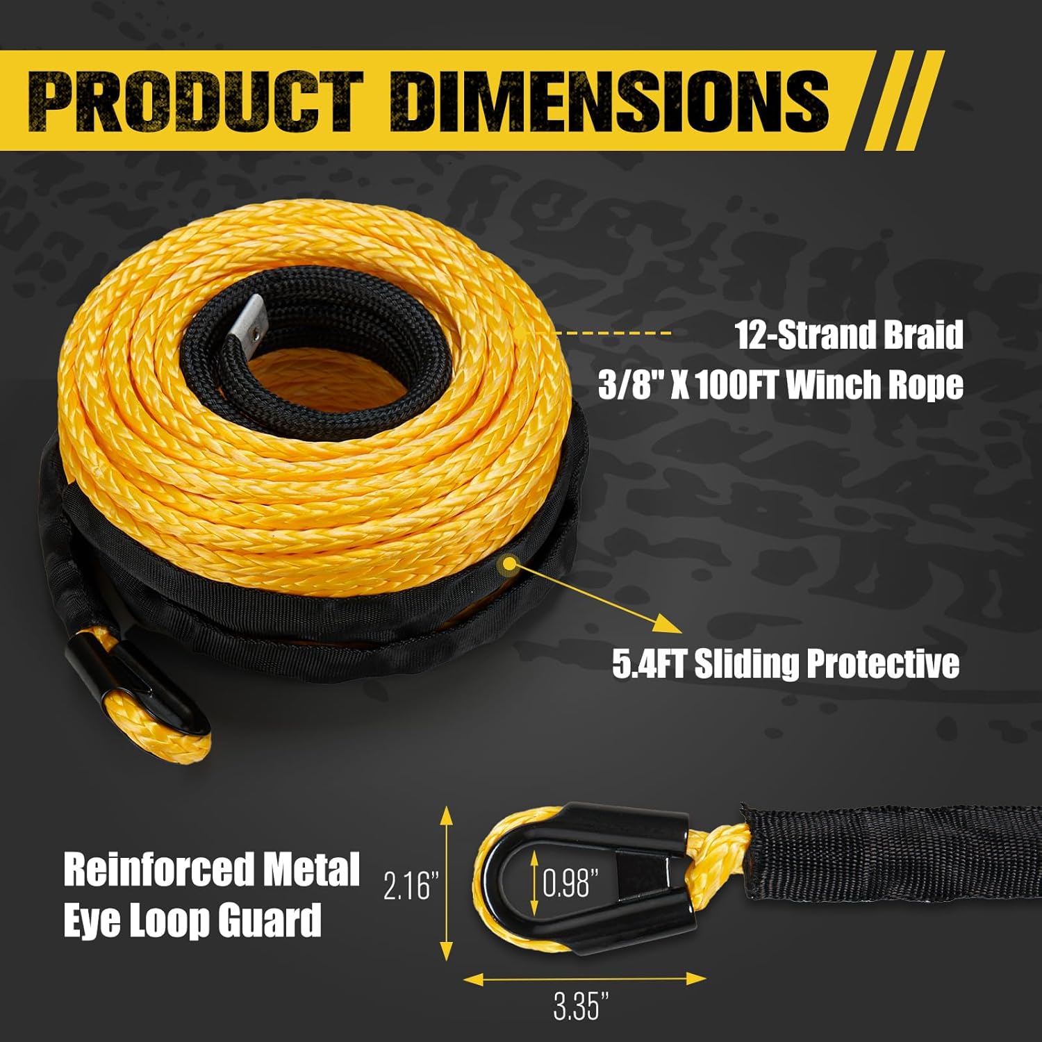 BUNKER INDUST 3/8" x 100' Synthetic Winch Rope,25000LBS Winch Cable with Protective Sleeve 100ft Winch Line Replacement for Off-Road Vehicle SUV Truck, Yellow