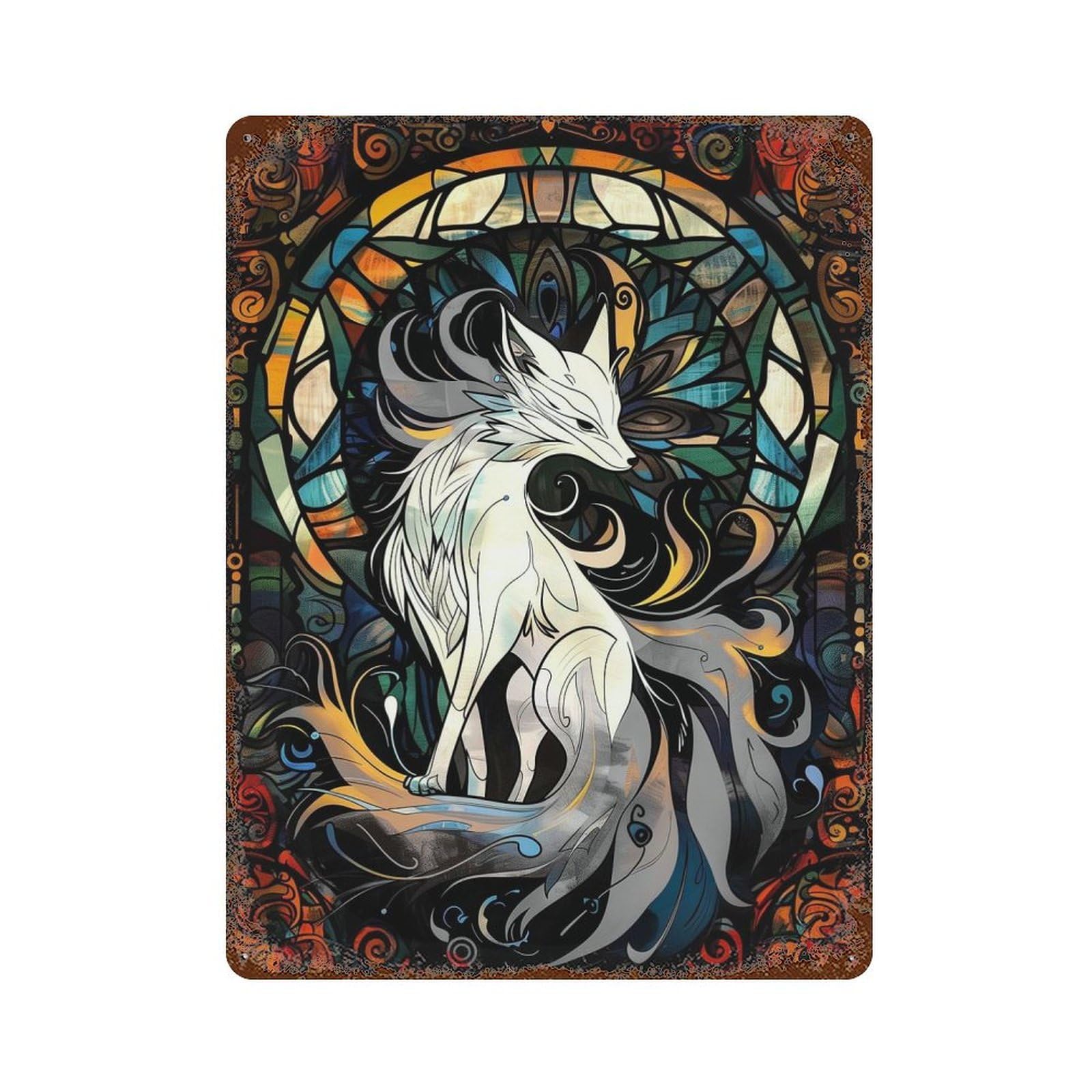 Kitsune Aged Metal Wall Plaque 15.7"x11.8", Farmhouse Wall Decor for Patio, Garden Room And Bar Decor