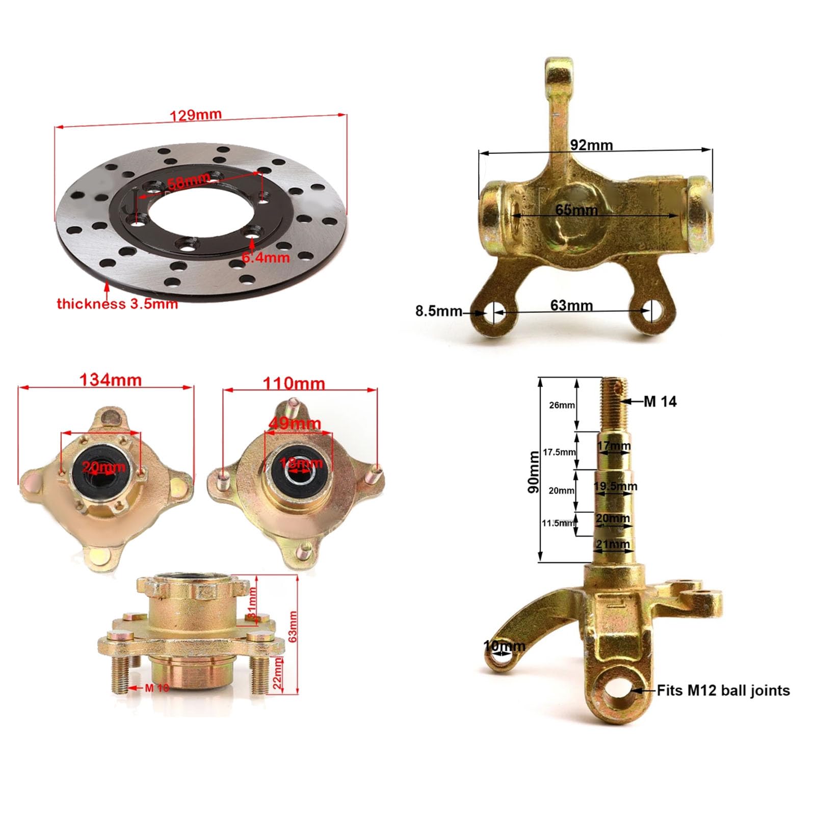 Mandrini Dell'articolazione dello Sterzo, Flangia del Mozzo Dell'asse della Ruota Mandrini dello Sterzo Mozzi delle Ruote Disco Freno per Carrello da Go Kart Quad ATV UTV
