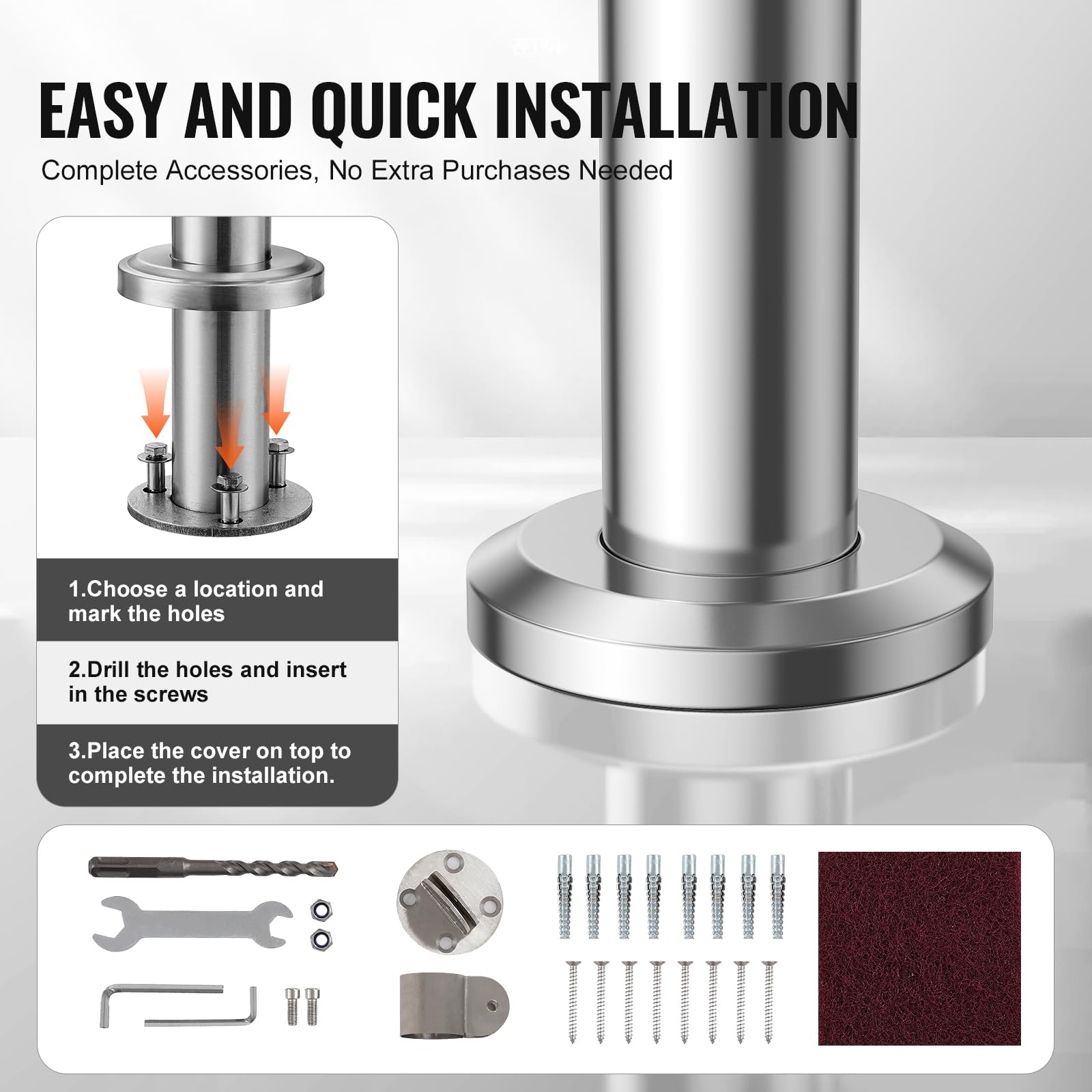 VEVOR Barandilla de Escalera 100 cm Pasamanos de Escalera para Escalones Exteriores de Acero Inoxidable Montaje en Pared y Suelo con Kit de Instalación para Personas Mayores, Porche, Terraza, Plata