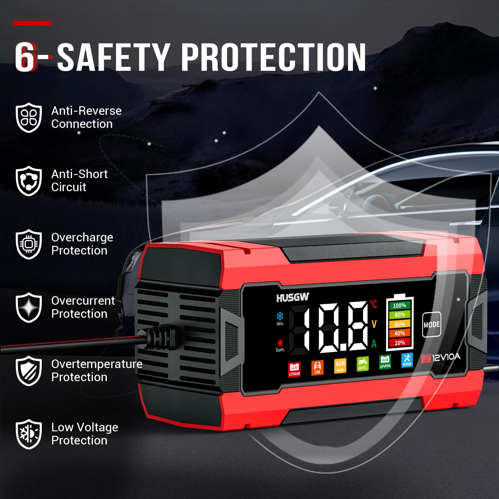 12V 10A Cargador de Batería de Coche, LiFePO4 Cargador de Batería de Moto, Proceso de Carga de Tres Etapas, Protección de Seguridad Múltiple, para Auto, Moto, AGM, Gel, Wet, SLA, LiFePO4 (10 Rojo)