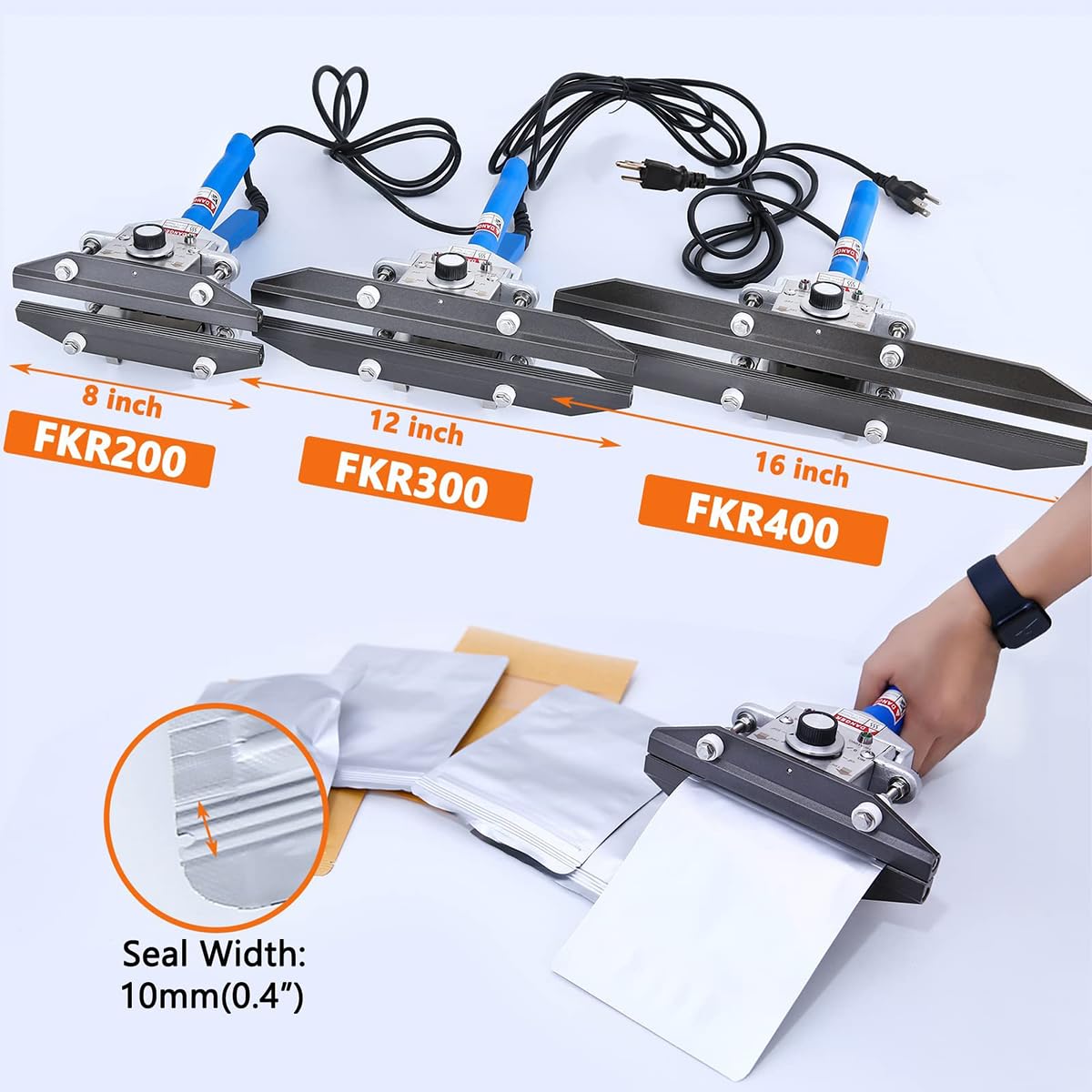 Sigillante elettrico per sacchetti termosaldanti, larghezza della guarnizione di 10 mm, temperatura 0-300 ℃, per sacchetti di carta kraft in cellophane Mylar, 400 mm